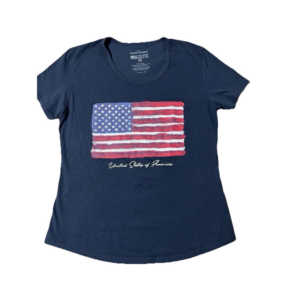 General Standard Americana US Flag T-Shirt Women's Medium Made in USA Navy Blue